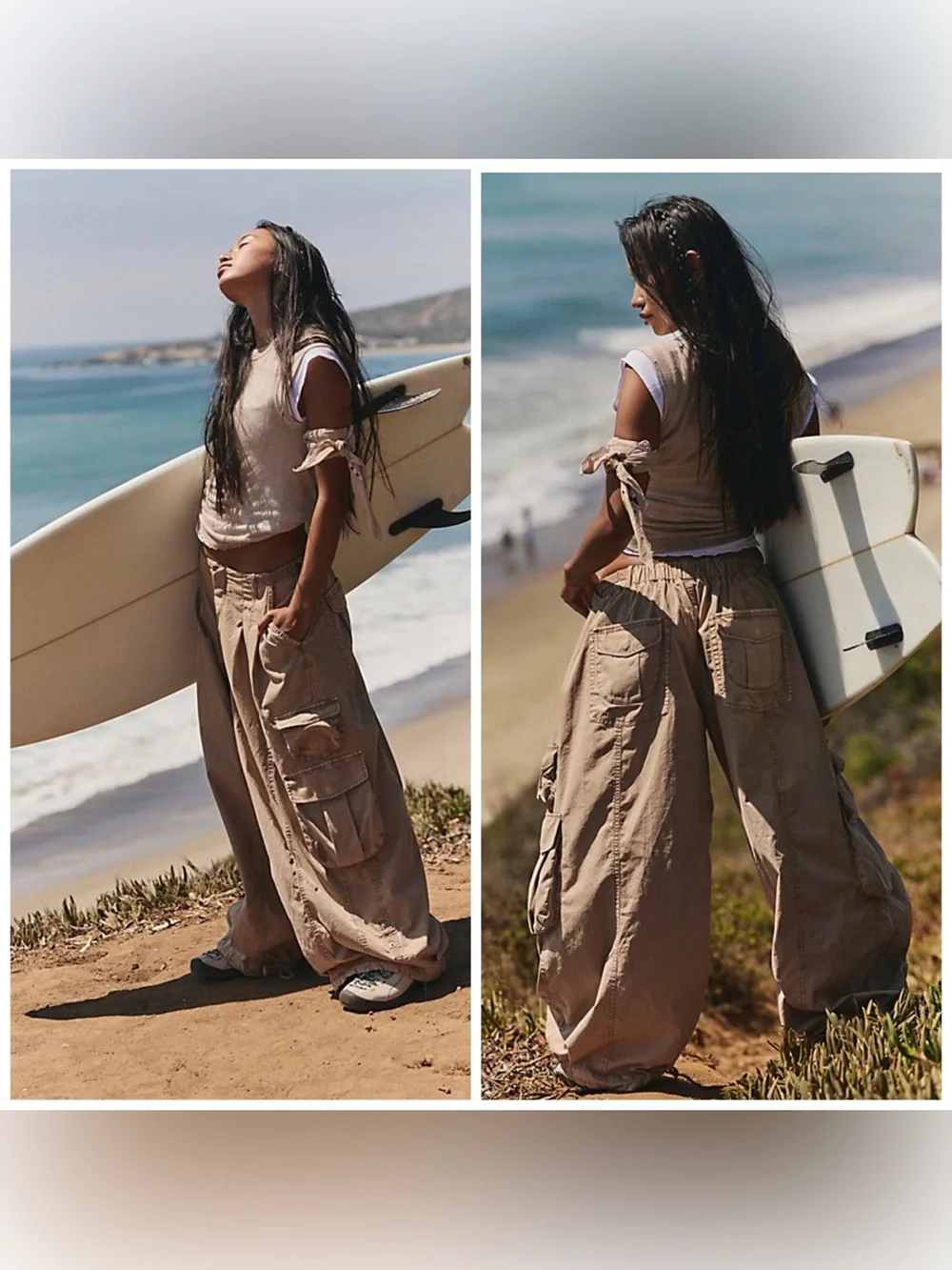 Free People Movement Charmer Utility Pant Wide Leg Barrel Baggy Large Sand Beige